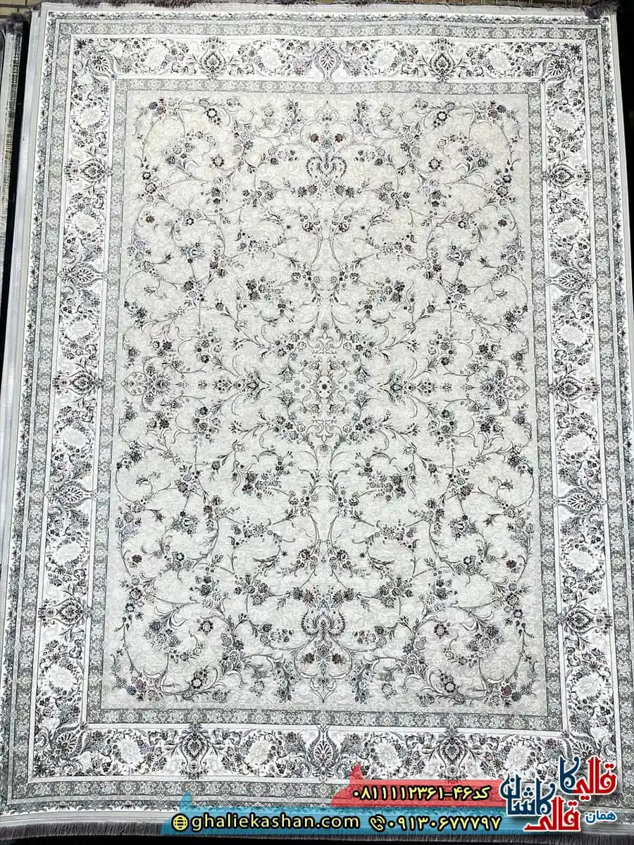 فرش کلاسیک 1200 شانه طرح افشان سلین رنگ بژ گل برجسته کاشان