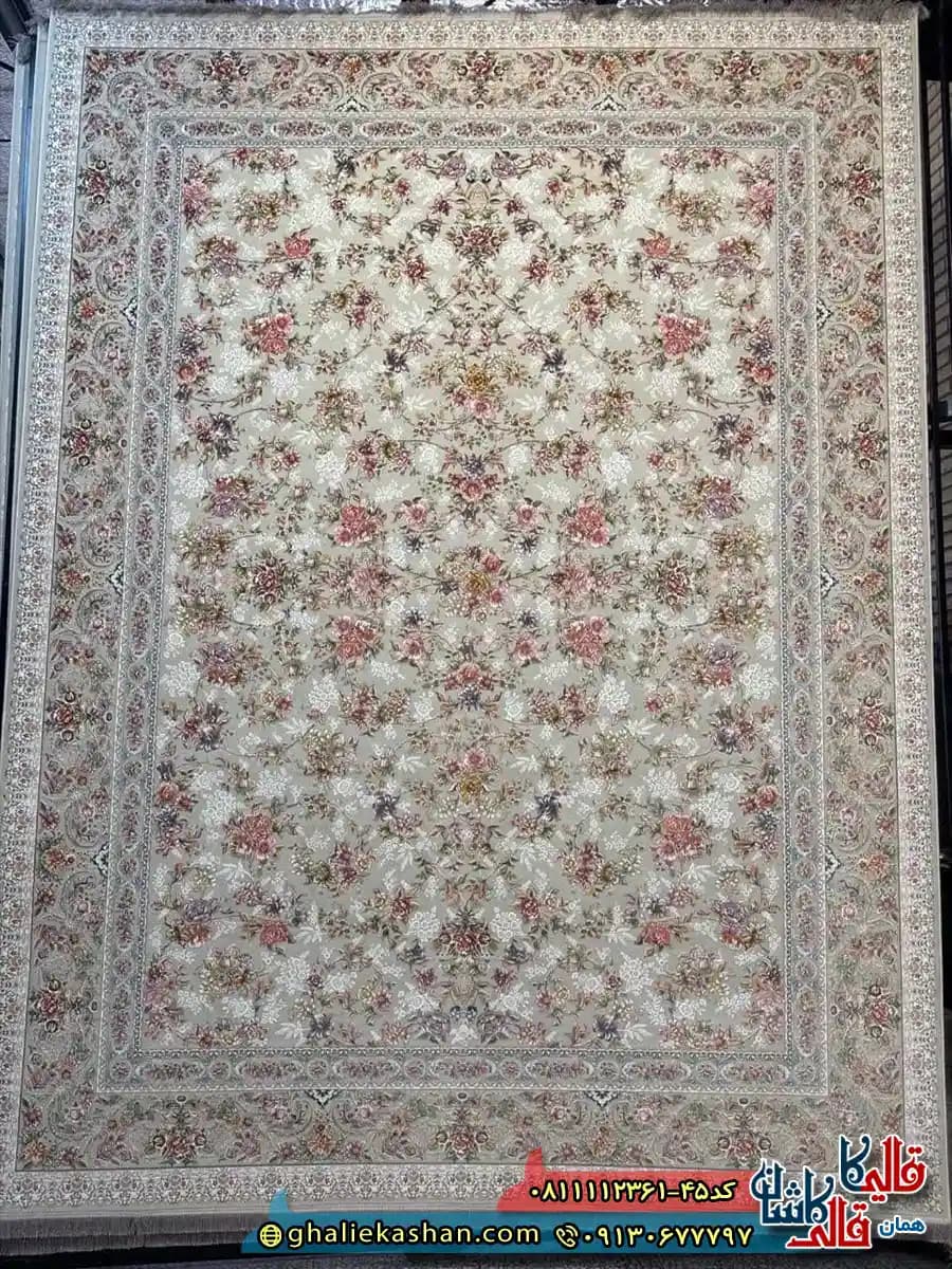 فرش کلاسیک 1200 شانه طرح افشان بهشت رنگ طوسی نقره ای گل برجسته کاشان — تصویر ۳