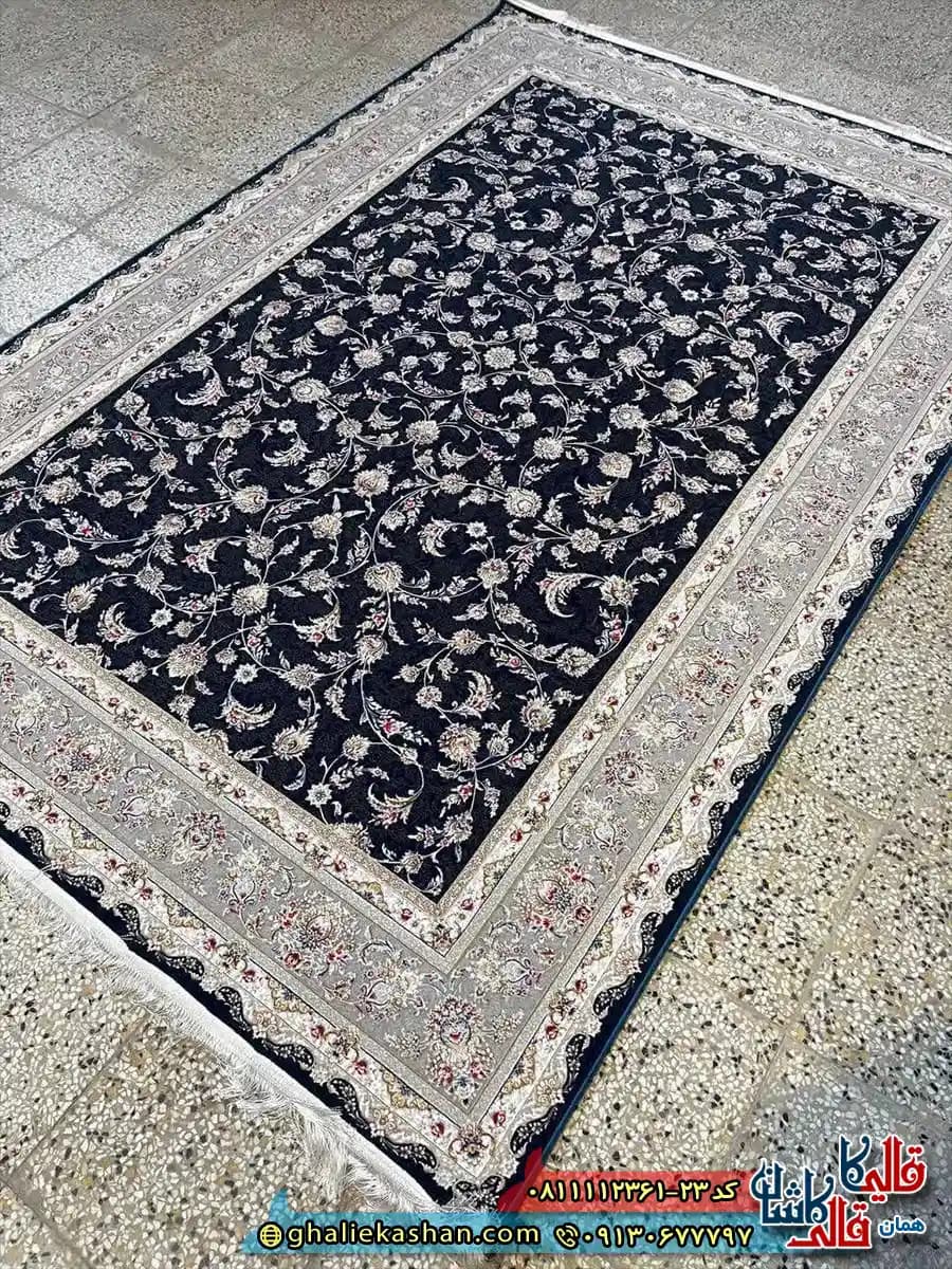 فرش کلاسیک 1200 شانه طرح افشان افشاری رنگ سرمه ای گل برجسته کاشان — تصویر ۳