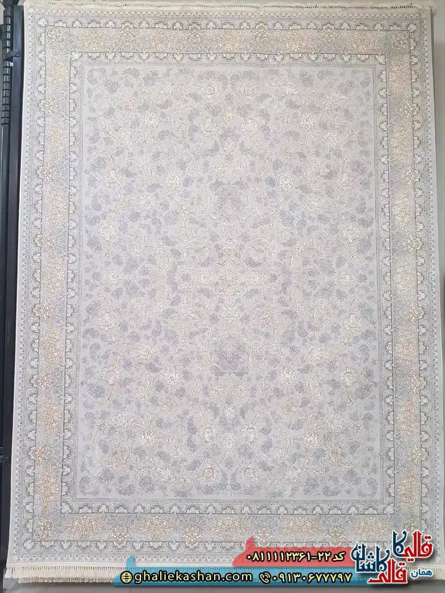 فرش طلاکوب 1200 شانه طرح افشان مروارید رنگ کرم صدفی گل برجسته کاشان