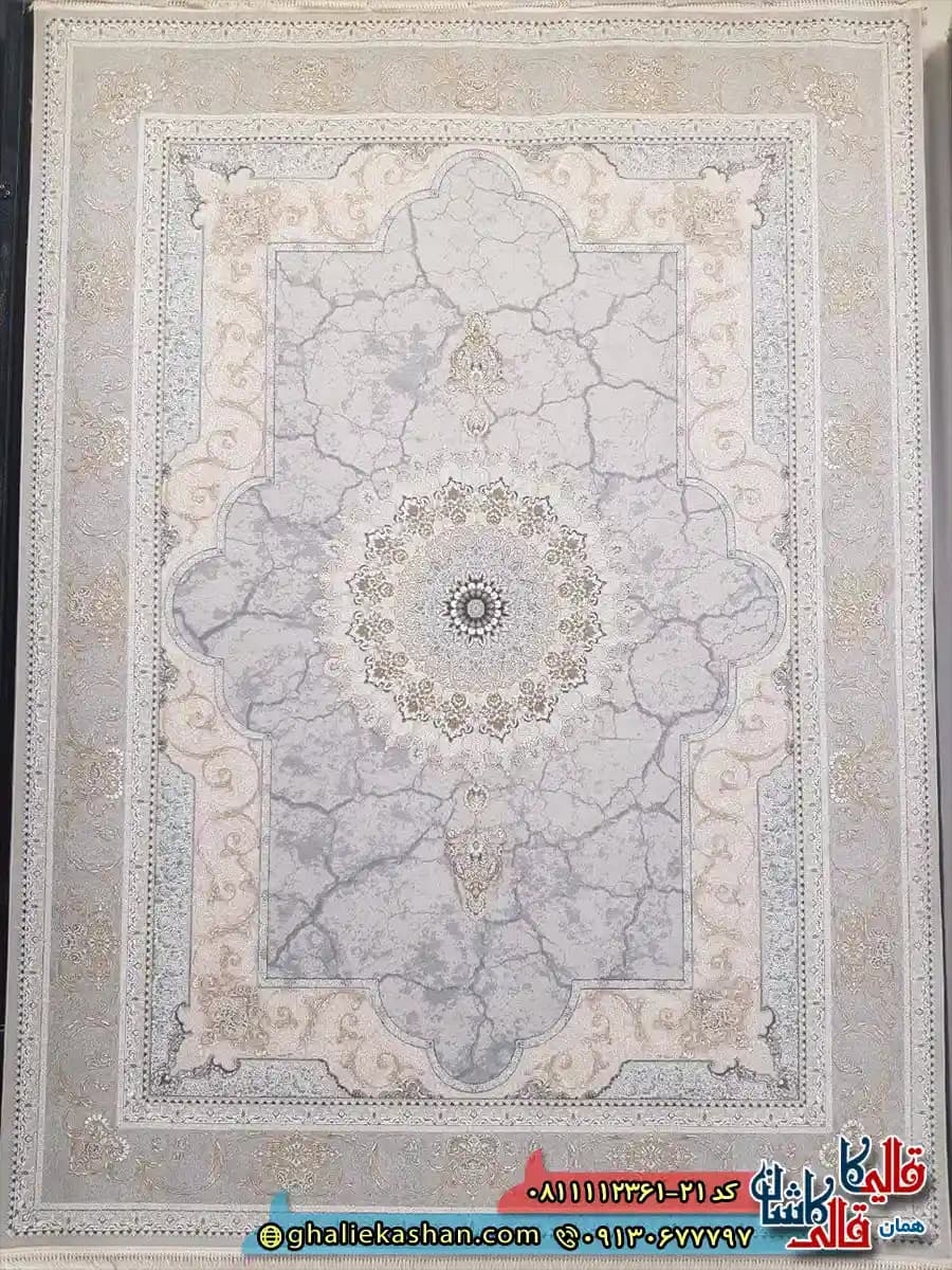فرش طلاکوب 1200 شانه طرح نسیم رنگ کرم صدفی گل برجسته کاشان