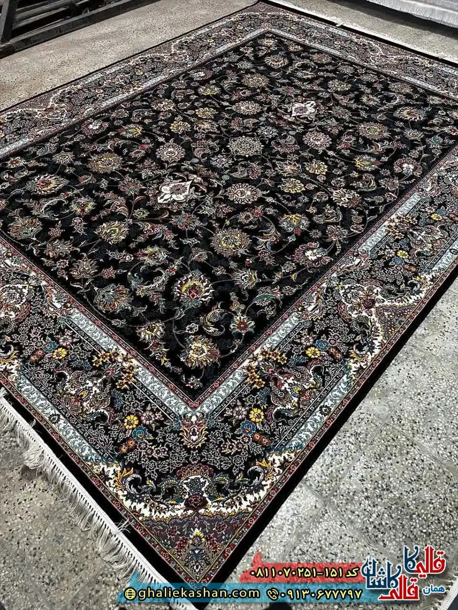 فرش کلاسیک 700 شانه طرح افشان دلربا رنگ سرمه ای مشکی کاشان