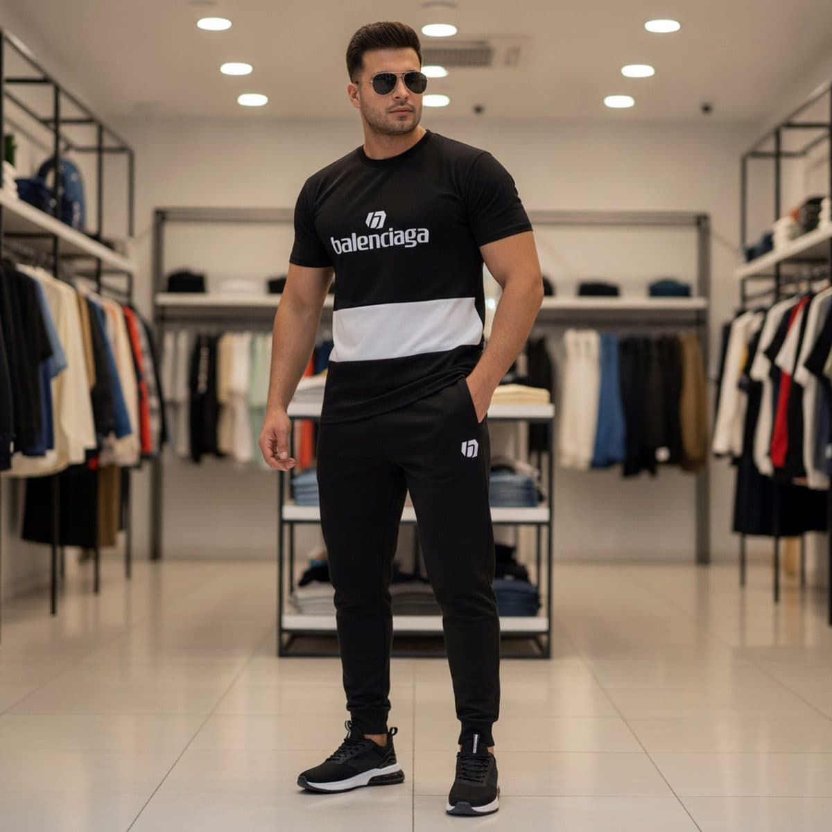 ست تیشرت شلوار مشکی سفید balenciaga مدل 2084 — تصویر ۹