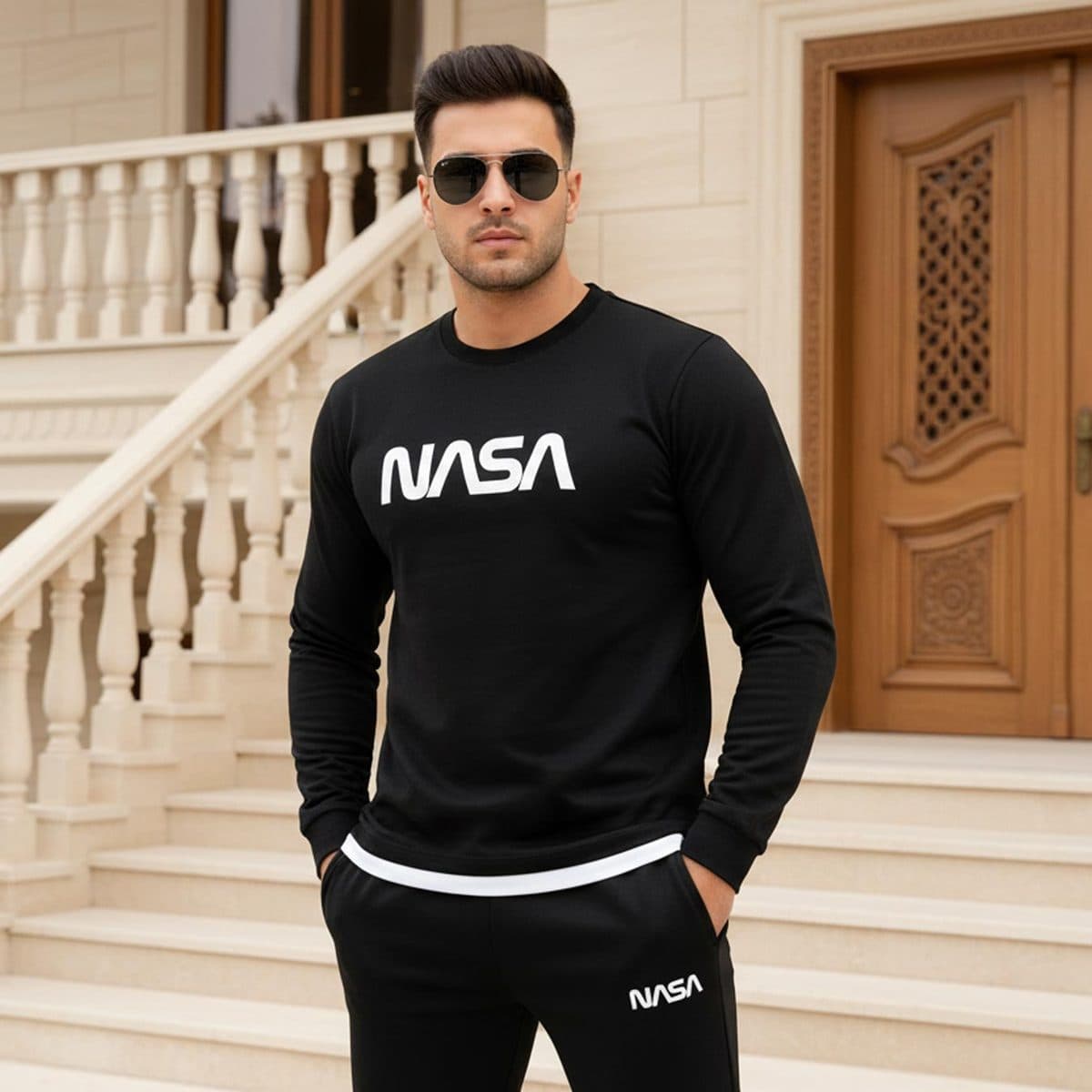ست تیشرت شلوار آستین بلند مشکی سفید NASA مدل 1939 — تصویر ۶