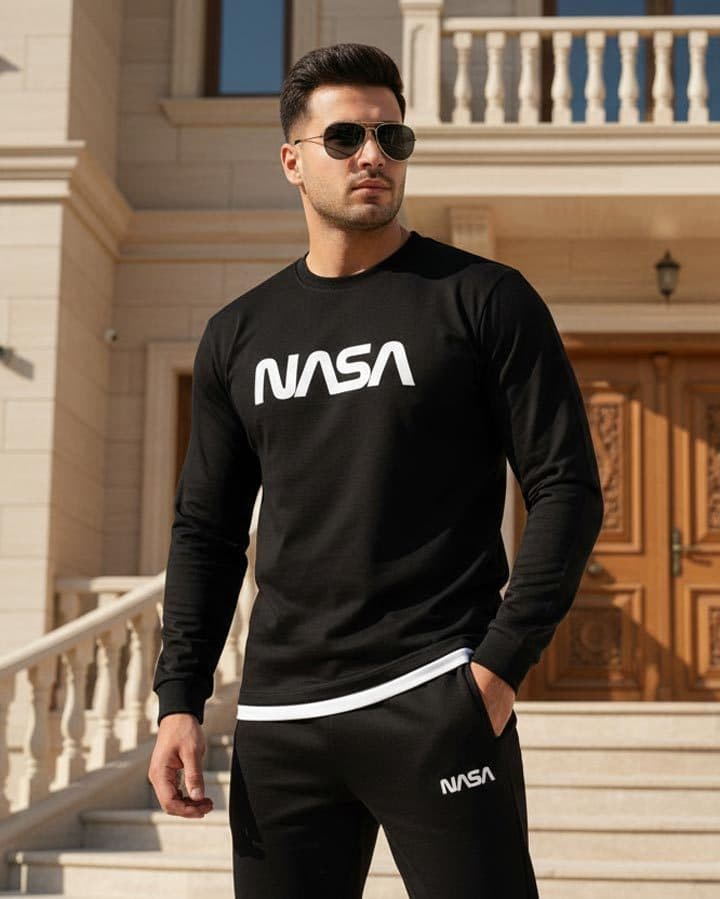 ست تیشرت شلوار آستین بلند مشکی سفید NASA مدل 1939 — تصویر ۲