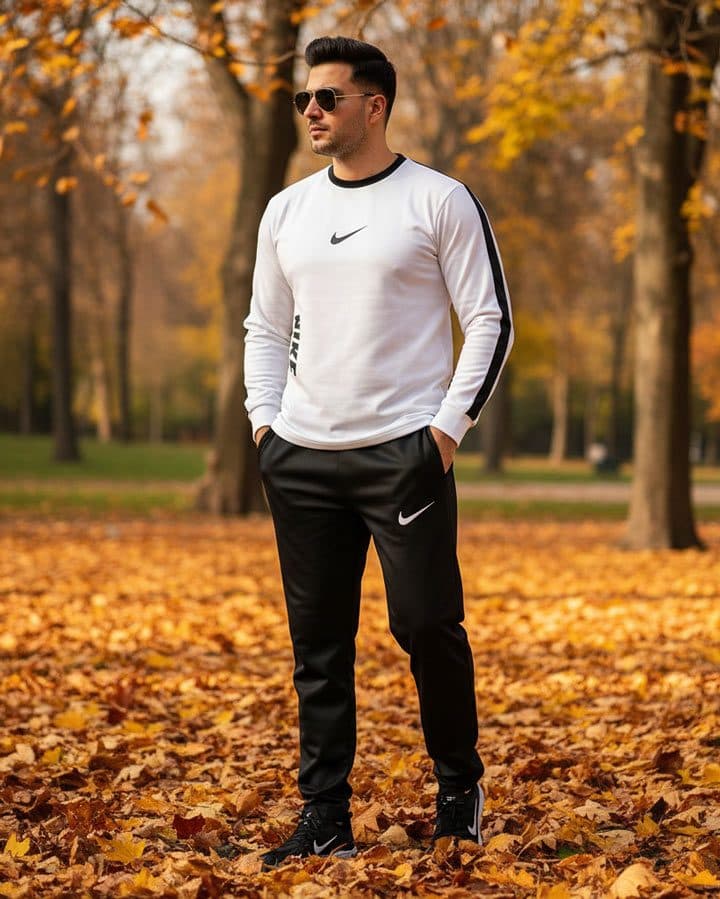 ست تیشرت شلوار آستین بلند سفید مشکی NIKE مدل 1832
