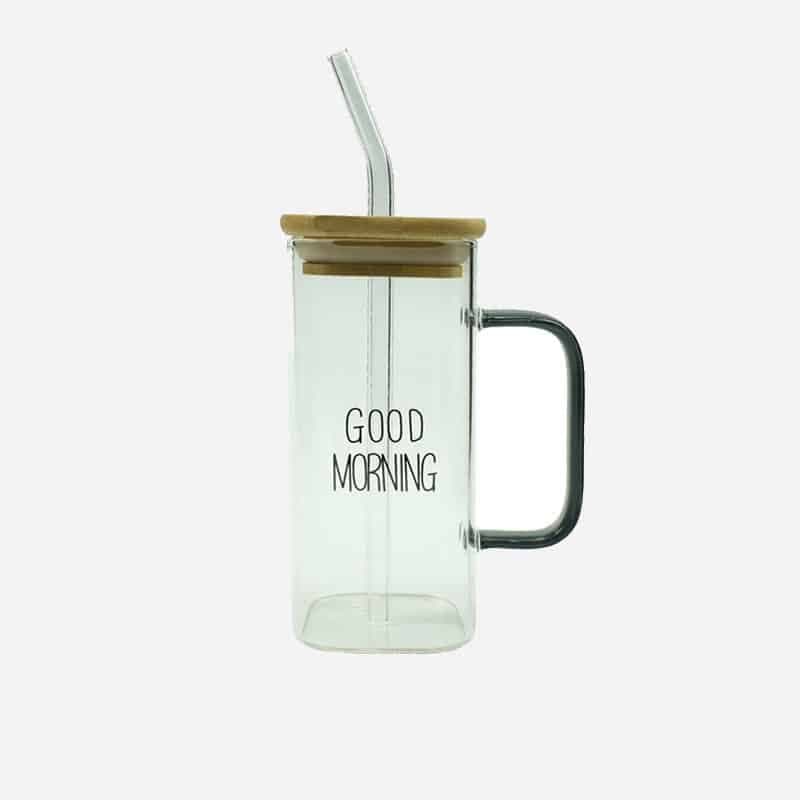 لیوان اسموتی مدل GOOD MORNING پیرکس 4گوش درب بامبو