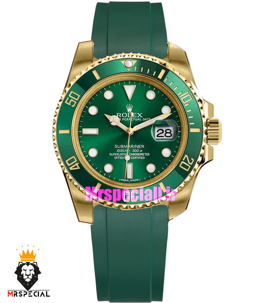 ساعت رولکس مردانه مدل ساب مارینر کوارتز بدنه طلایی بند رابر صفحه سبز 021468 Rolex Submariner