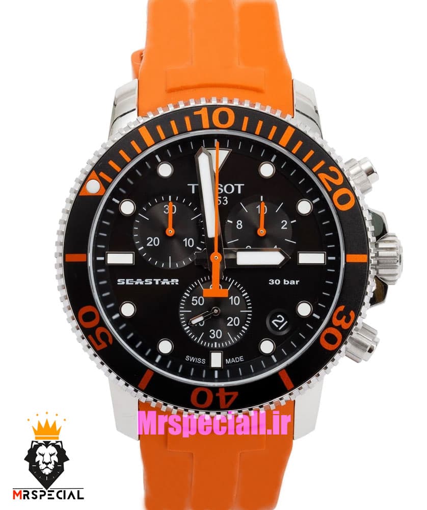 ساعت تیسوت مردانه مدل سی استار موتور کرنوگراف بند رابر نارنجی صفحه مشکی 021416 TISSOT SEASTAR
