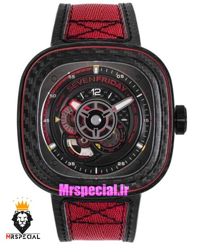 ساعت مچی مردانه سون فرایدی اتوماتیک بند رابر مشکی قرمز صفحه مشکی قرمز SEVENFRIDAY 021409