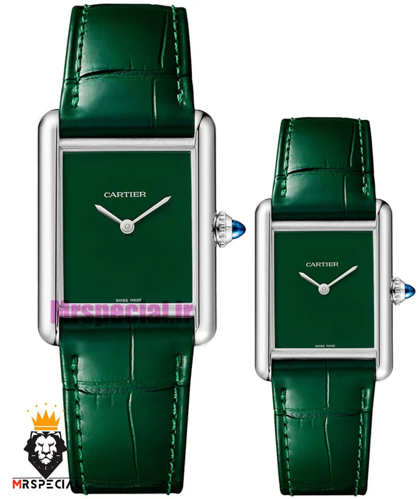 ساعت ست مردانه و زنانه کارتیه مدل تانک بند چرم سبز صفحه سبز Cartier Tank 021396
