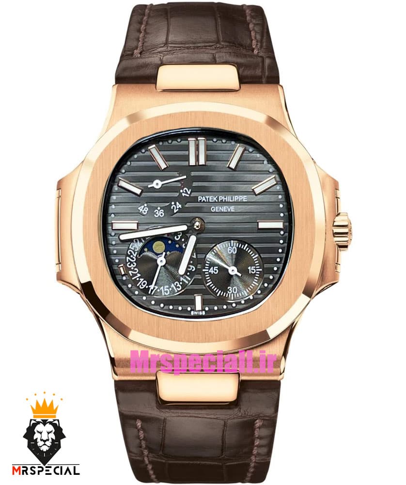 ساعت پتک فیلیپ ناتیلوس مردانه اتوماتیک رزگلد بند چرم قهوه ای صفحه طوسی Patek Philippe NUATILOS 021383