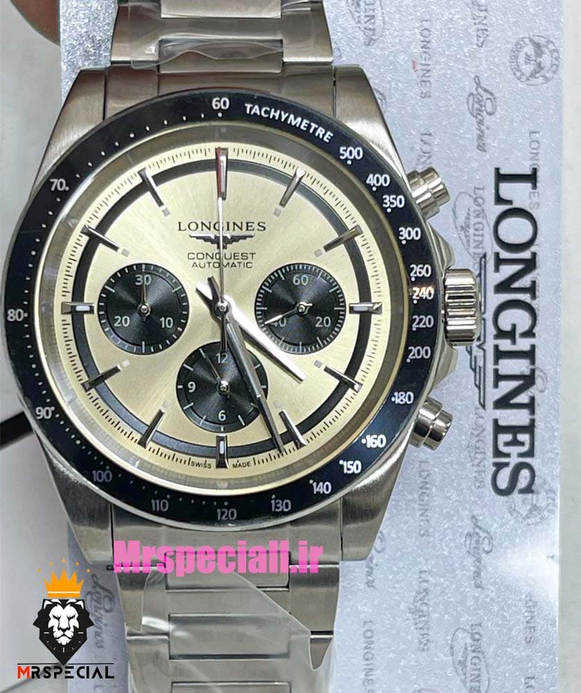 ساعت لونژین مردانه کرنوگراف استیل صفحه بژ LONGINES Conquest 021375 — تصویر ۹