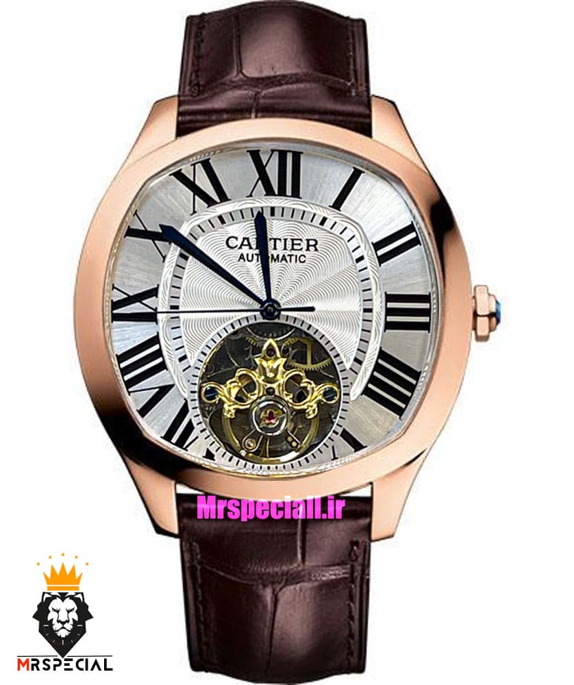 ساعت کارتیه مردانه اتوماتیک بند چرم قاب رزگلد صفحه سفید CARTIER 021344