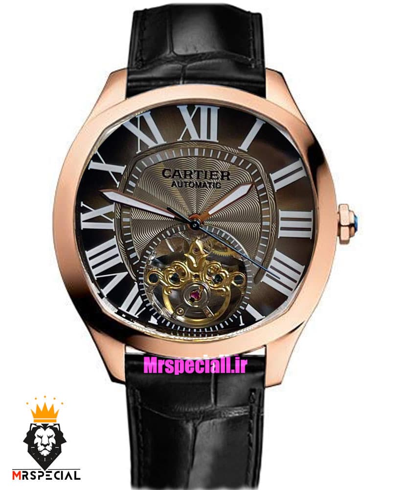 ساعت کارتیه مردانه اتوماتیک بند چرم قاب رزگلد صفحه طوسی CARTIER 021343 — تصویر ۸
