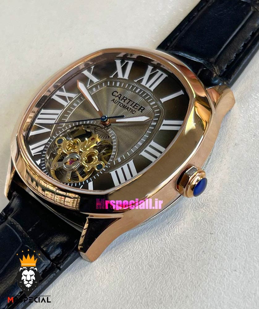 ساعت کارتیه مردانه اتوماتیک بند چرم قاب رزگلد صفحه طوسی CARTIER 021343 — تصویر ۱۱