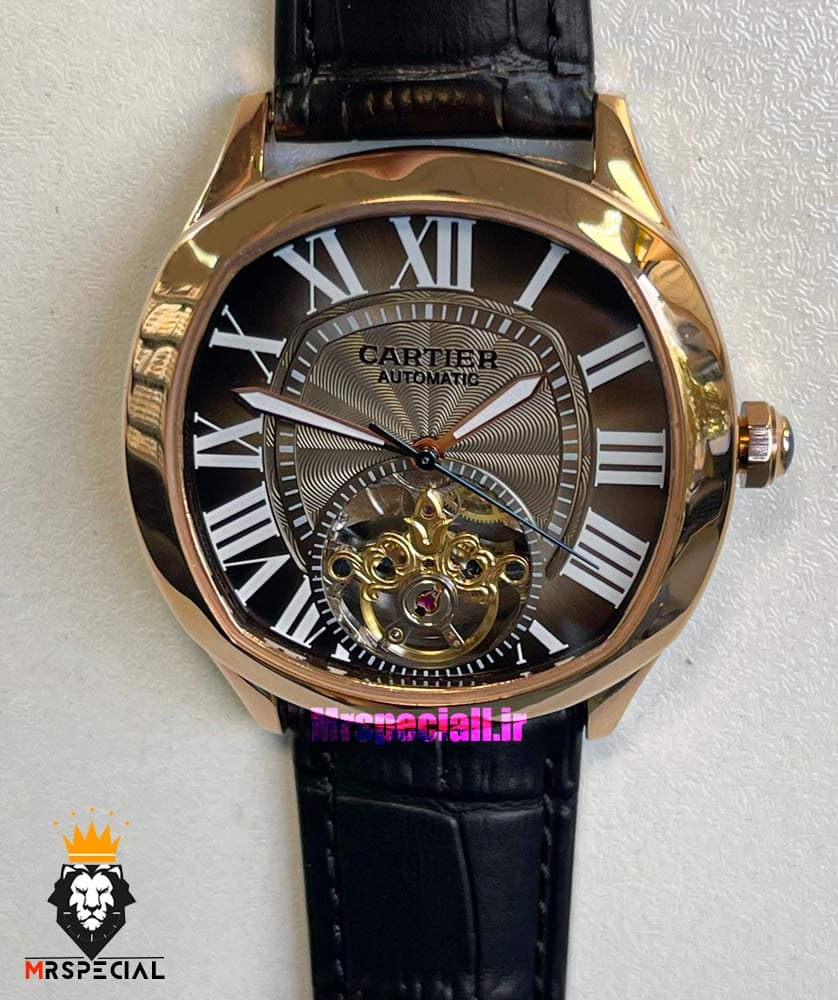 ساعت کارتیه مردانه اتوماتیک بند چرم قاب رزگلد صفحه طوسی CARTIER 021343 — تصویر ۹