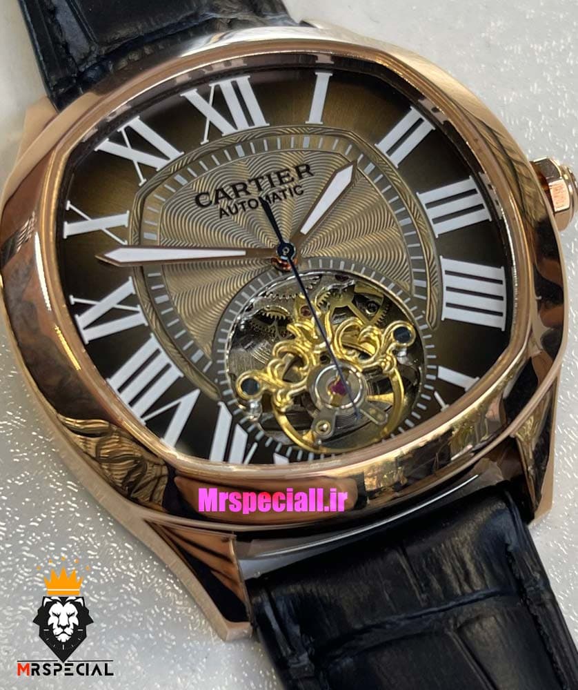 ساعت کارتیه مردانه اتوماتیک بند چرم قاب رزگلد صفحه طوسی CARTIER 021343 — تصویر ۱۰