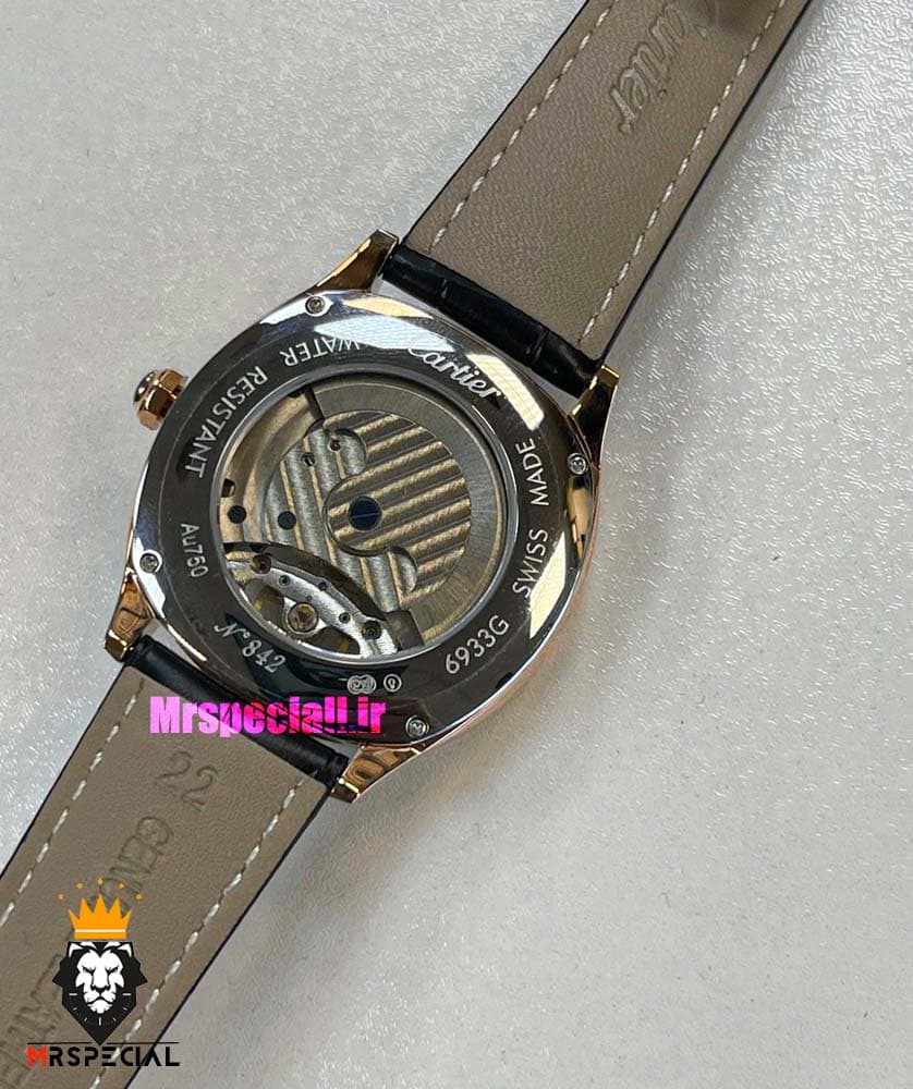 ساعت کارتیه مردانه اتوماتیک بند چرم قاب رزگلد صفحه طوسی CARTIER 021343 — تصویر ۱۲