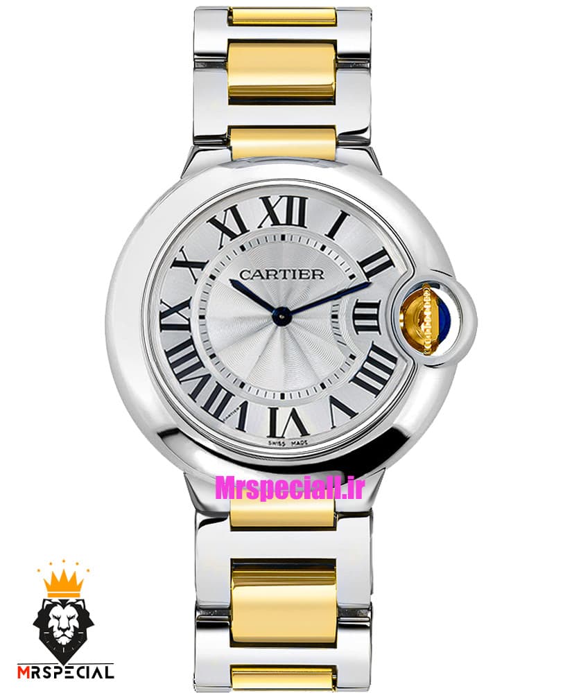 ساعت کارتیه زنانه مدل بالن بلو استیل دورنگ طلایی صفحه سفید سایز مدیوم 021334 Cartier Ballon Bleu