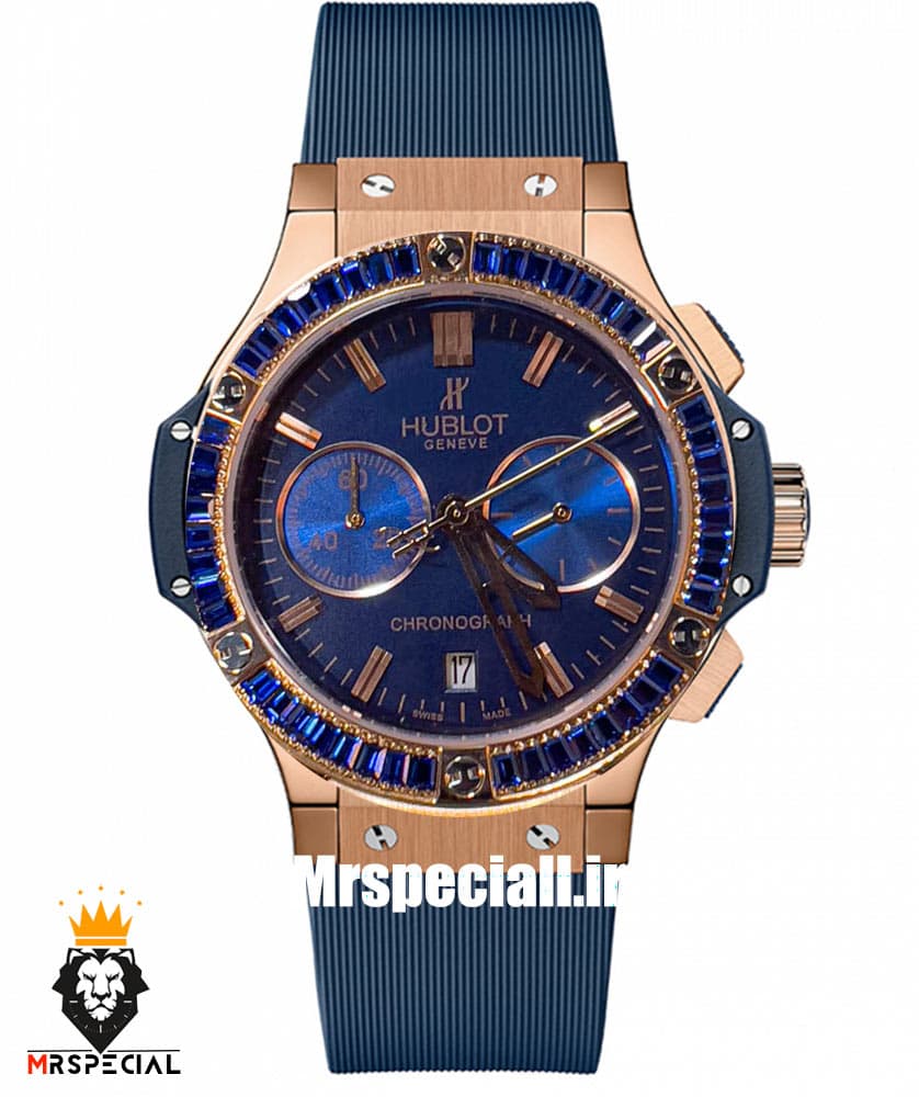 ساعت هابلوت زنانه رزگلد کرنوگراف نگین باگت ابی بند رابر ابی صفحه ابی HUBLOT BIG BANG 021309