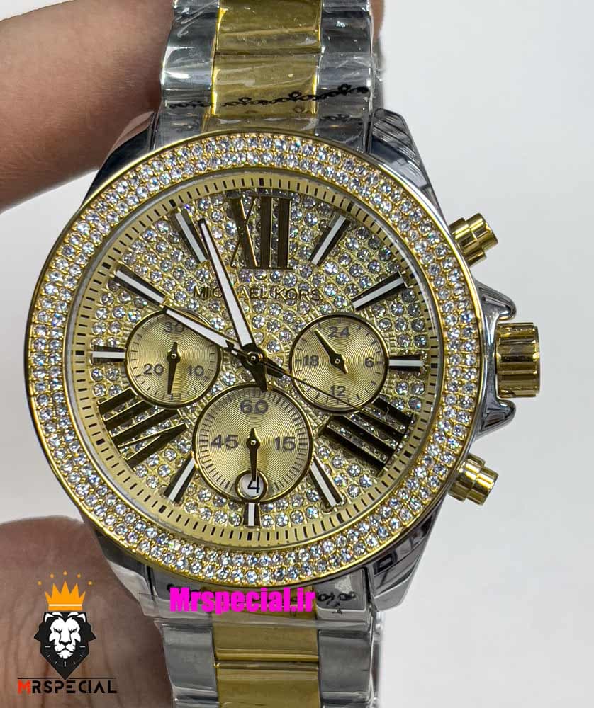 ساعت مایکل کورس زنانه استیل دو رنگ طلایی کرنوگراف صفحه فول نگین 021294 MICHAEL KORS — تصویر ۸