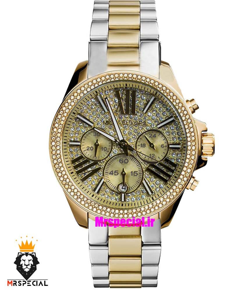 ساعت مایکل کورس زنانه استیل دو رنگ طلایی کرنوگراف صفحه فول نگین 021294 MICHAEL KORS — تصویر ۷