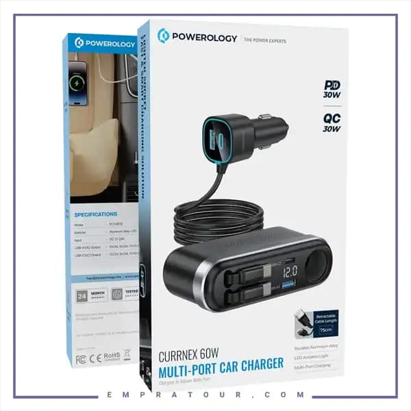 شارژر فندکی 60 وات با کابل جمع شونده پاورولوژی PCCSR19BK — تصویر ۵