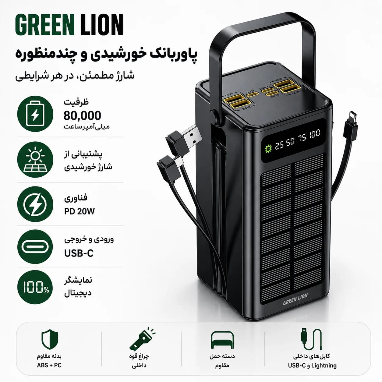 پاوربانک خورشیدی گرین لاین Solar X 80000mAh با PD 20W — تصویر ۳