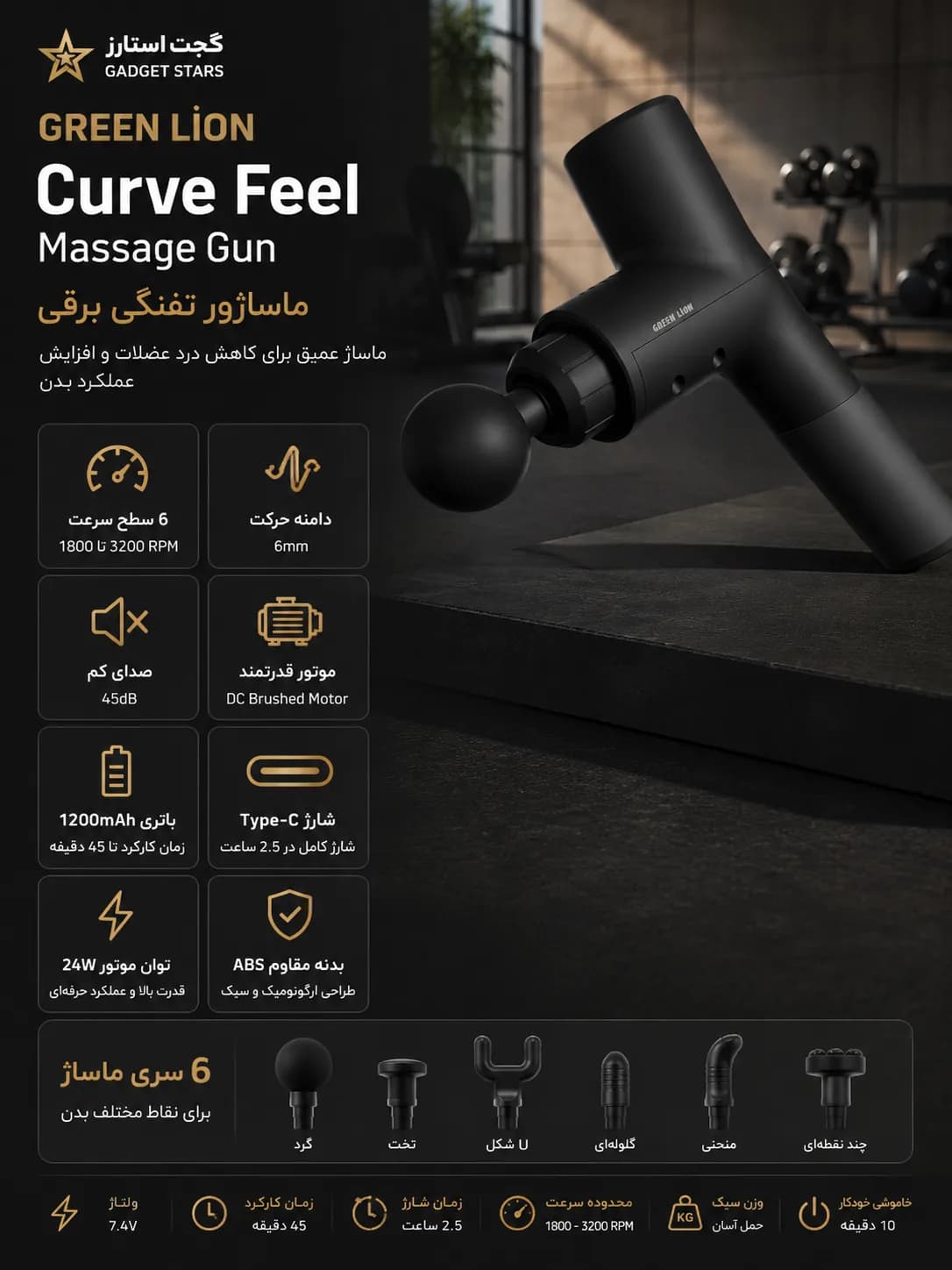 ماساژور تفنگی گرین لاین مدل Curve Feel با قابلیت ماساژ عمیق و کمپرس گرم و سرد — تصویر ۴