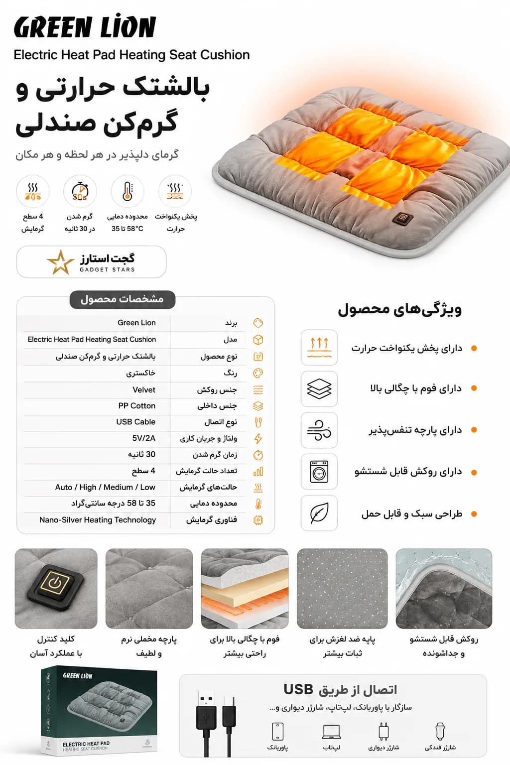 نشیمن‌گاه حرارتی گرین لاین مدل Electric Heat Pad Heating Seat Cushion — تصویر ۳