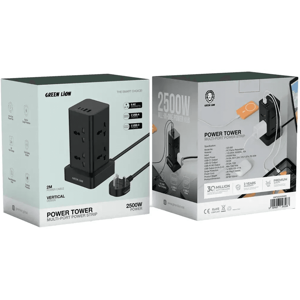 چندراهی برق گرین لاین مدل Green Lion Power Tower Multi-Port با شارژ سریع PD 20W و 8 پریز AC — تصویر ۱۲