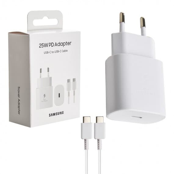 شارژر اورجینال SAMSUNG 25W مدل 2 پین همراه با کابل Type-C سفید