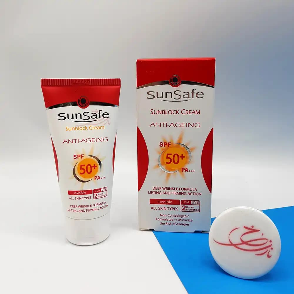 ضد آفتاب کرم پودری +SPF50 سان سیف SunSafe رنگ بژ طبیعی ضد چروک ANTI-AGEING مناسب انواع پوست حجم 50 میلی لیتر — تصویر ۴