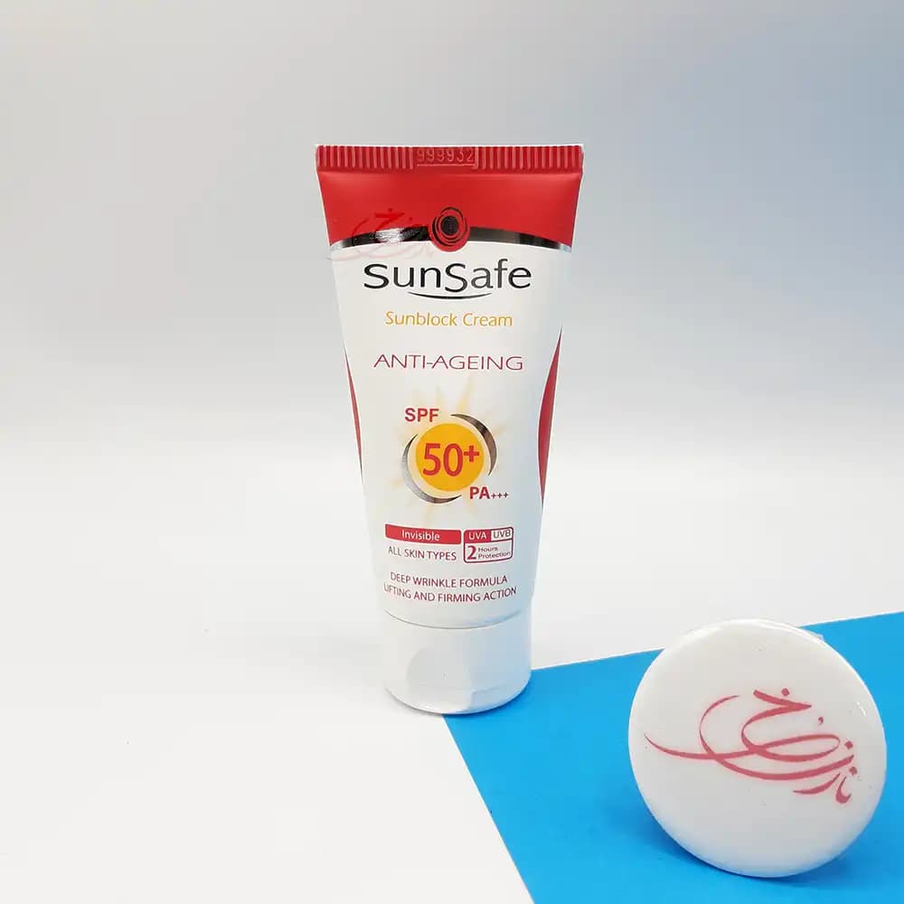 ضد آفتاب کرم پودری +SPF50 سان سیف SunSafe رنگ بژ طبیعی ضد چروک ANTI-AGEING مناسب انواع پوست حجم 50 میلی لیتر — تصویر ۶