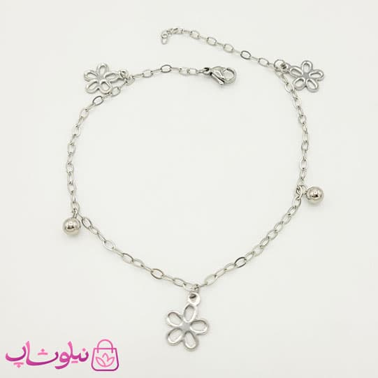 پابند زنانه استیل با آویز گل نقره ای