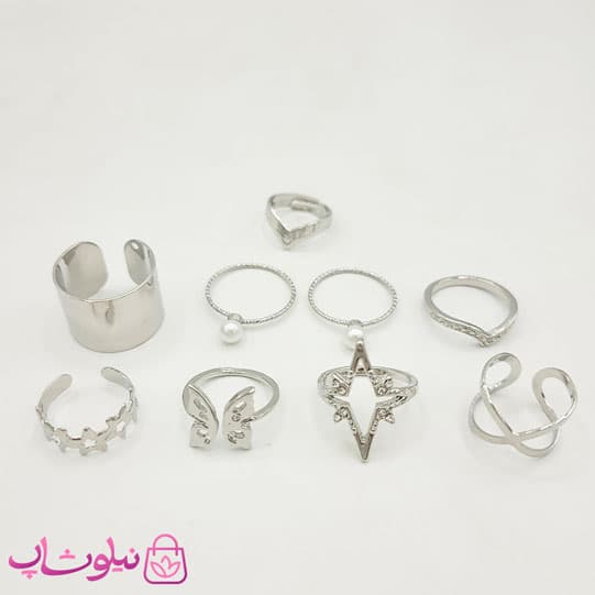 انگشتر چندتایی طرح پروانه و ستاره 8 عددی نقره ای