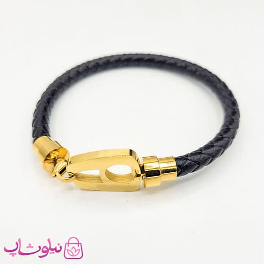 دستبند مردانه نیمانی چرم و استیل مشکی