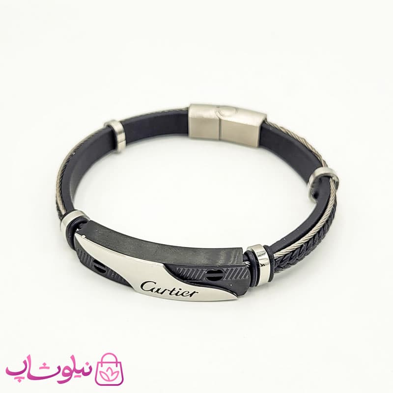 دستبند مردانه چرم و استیل کارتیه سیلور کد 1053-1