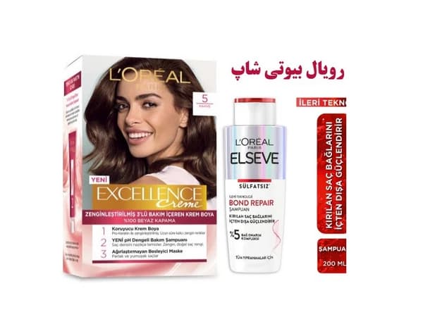 رنگ مو شماره 5 و شامپو ترمیم کننده بدون سولفات ELSEVE