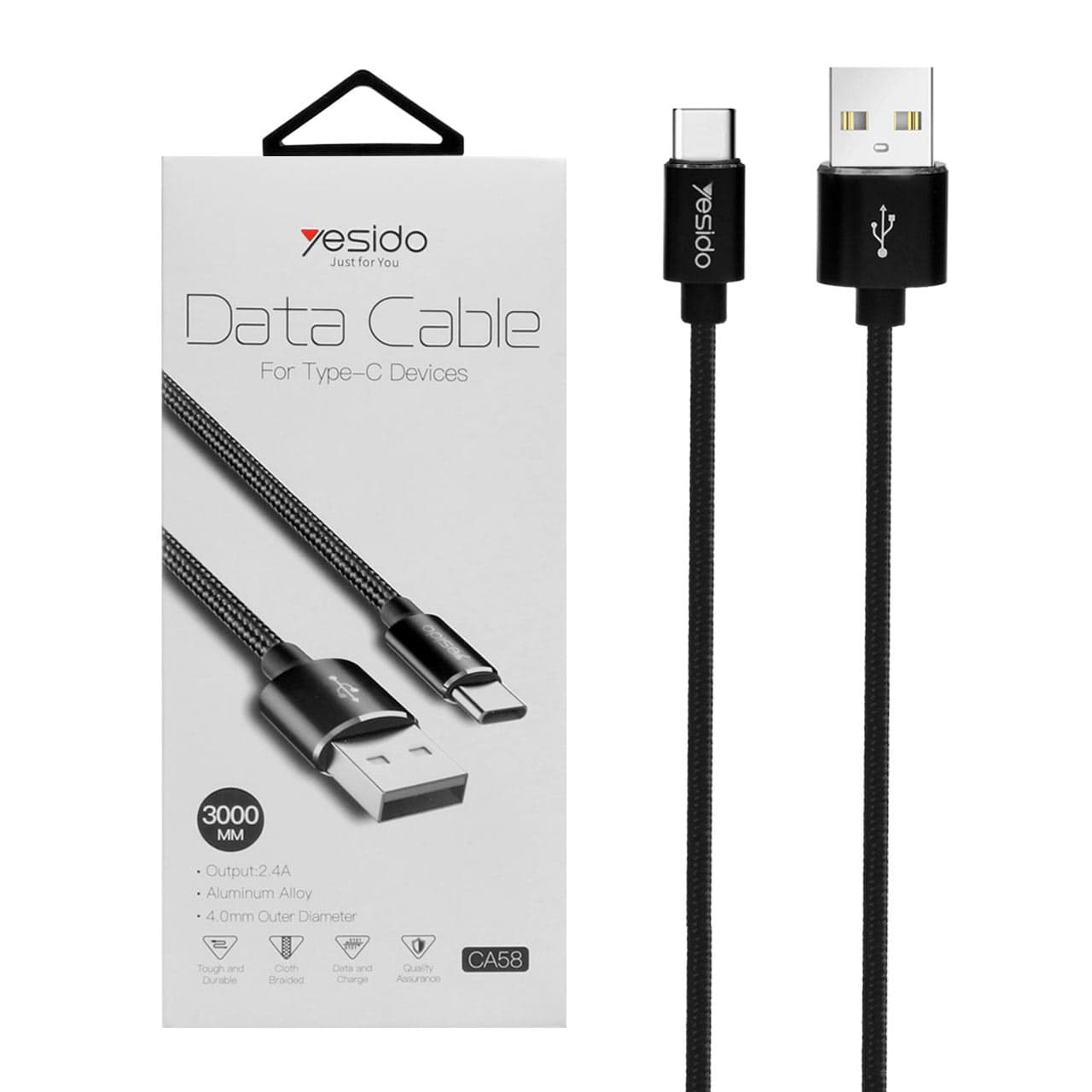 کابل شارژ فست 3 متری yesido Type-C-CA58-مشکی (گارانتی 12 ماه تعویض نیکان همراه)