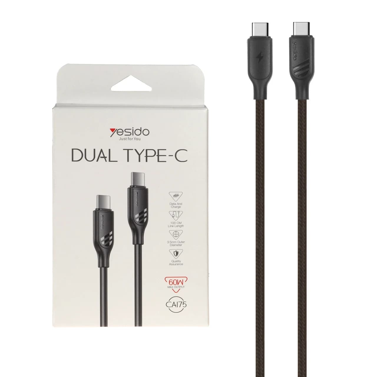 کابل شارژ فست yesido Type-C To Type-C مدل CA175 – مشکی (گارانتی 12 ماه تعویض نیکان همراه) — تصویر ۳