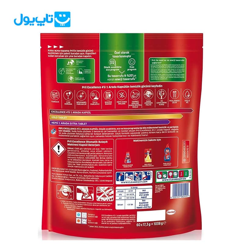 قرص ماشین ظرفشویی پریل Pril مدل Excellence تعداد 60 عددی — تصویر ۶