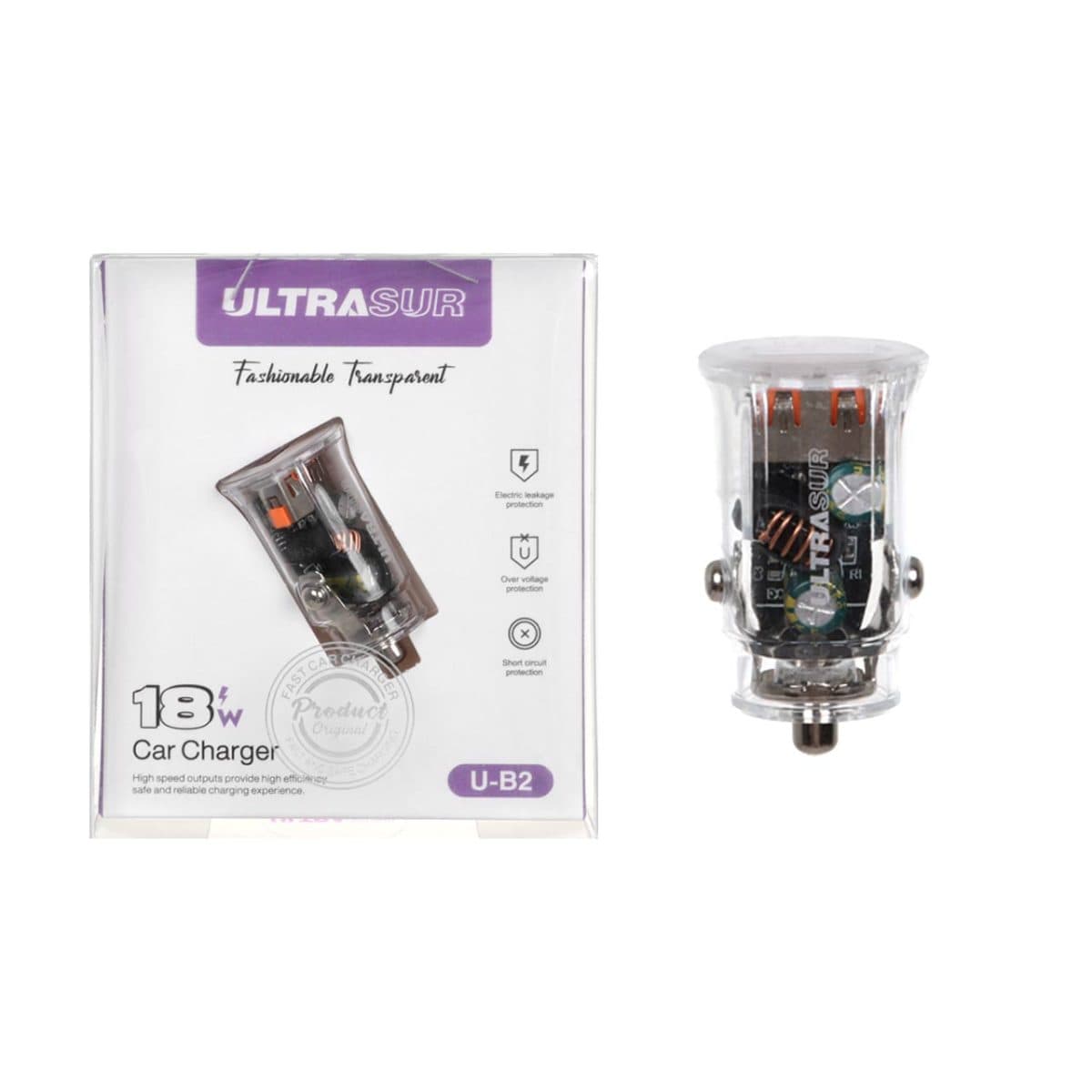 شارژر فندکی فست UltraSUR مدل U-B2 18W – شفاف