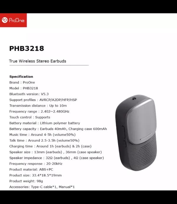 هندزفری بلوتوثی 5.3، اسپیکر بی سیم و چراغ قوه پرووان مدل ProOne PHB3218 – نقره ای — تصویر ۱۱