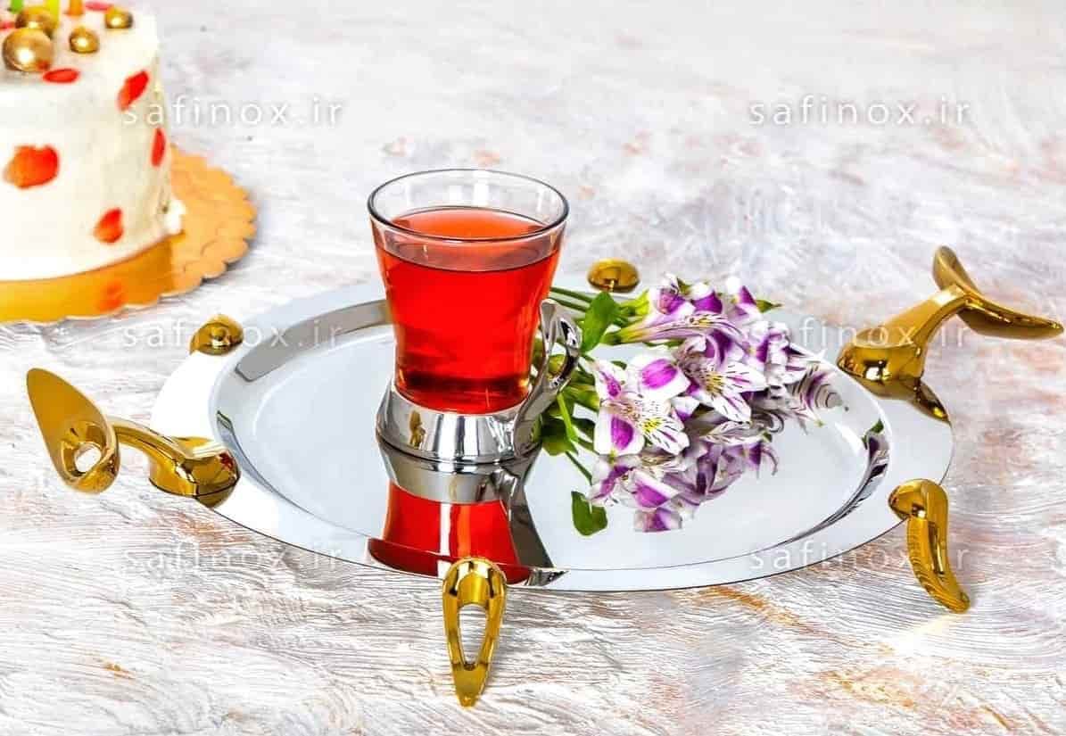 سینی استیل دورنگ گرد پایه فلیم کد C-S08