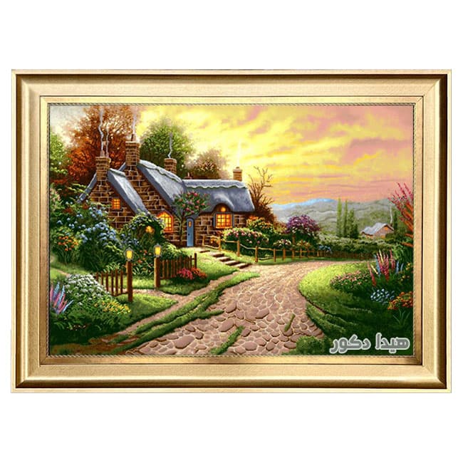 تابلو فرش ماشینی منظره کلبه و غروب – 5361