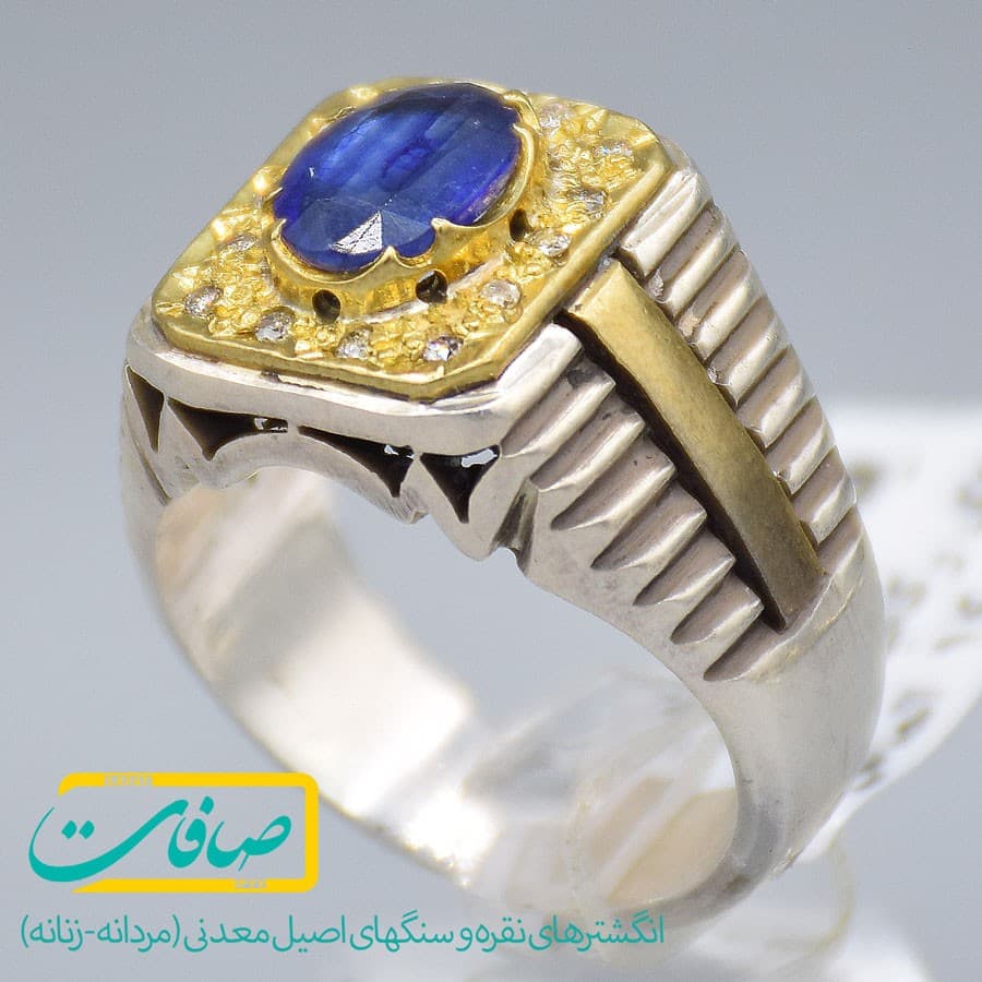 انگشتر یاقوت کبود با 14 عدد الماس مردانه «کد 3064»