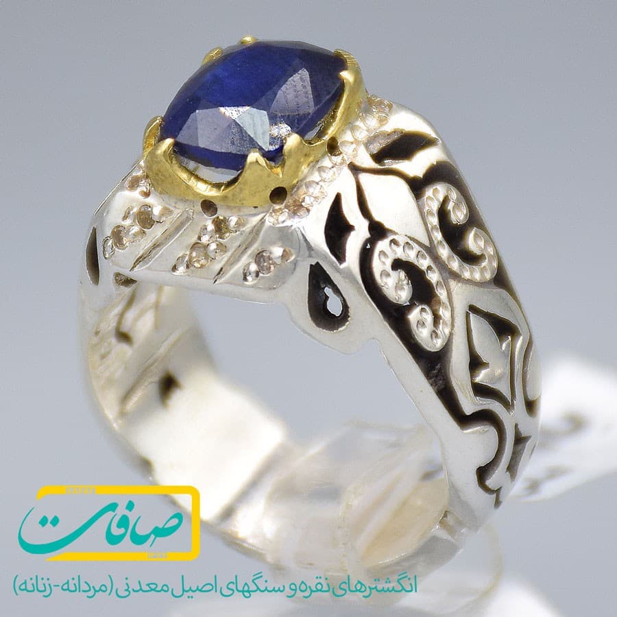 انگشتر یاقوت کبود با 14 عدد الماس مردانه «کد 3059»