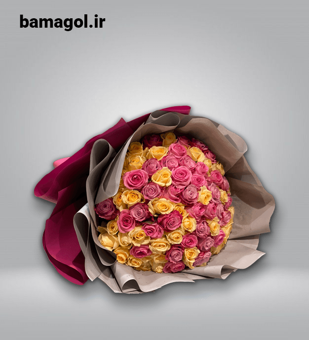 دسته گل طبیعی تبریک رز هلندی صورتی زرد – کد 0097